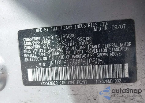 2008 Subaru Impreza 2.5I from USA, damaged, VIN JF1GE61658H510806